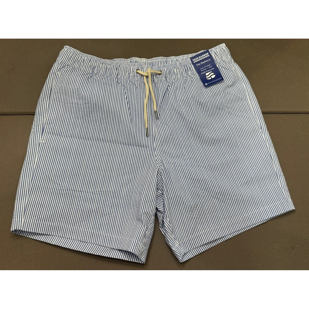 Fair Harbor The Bayberry Swim Trunks XL Blue White Seersucker 7" Inseam NEW